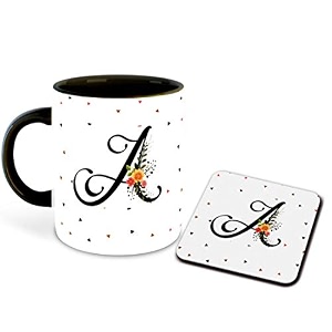 letter a name initial alphabet inspiration printed black inner ceramic coffee mug with coaster- birthday  anniversary  best gift  hobby multi 1