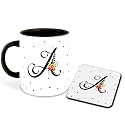 Letter A Name Initial Alphabet Inspiration Printed Black Inner Ceramic Coffee Mug with Coaster- Birthday | Anniversary | Best Gift | Hobby (Multi 1)
