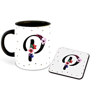 letter p name initial alphabet inspiration printed black inner ceramic coffee mug with coaster- birthday  anniversary  best gift  hobby multi 16