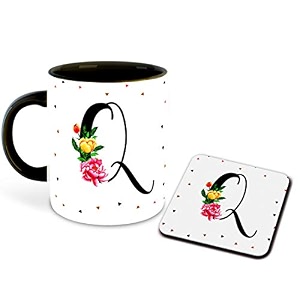 letter q name initial alphabet inspiration printed black inner ceramic coffee mug with coaster- birthday  anniversary  best gift  hobby multi 17