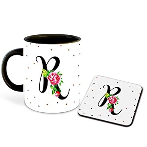 letter r name initial alphabet inspiration printed black inner ceramic coffee mug with coaster- birthday  anniversary  best gift  hobby multi 18