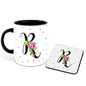 Letter R Name Initial Alphabet Inspiration Printed Black Inner Ceramic Coffee Mug with Coaster- Birthday | Anniversary | Best Gift | Hobby (Multi 18)