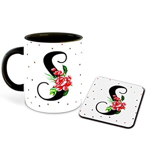 letter s name initial alphabet inspiration printed black inner ceramic coffee mug with coaster- birthday  anniversary  best gift  hobby multi 19