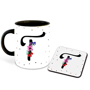 letter t name initial alphabet inspiration printed black inner ceramic coffee mug with coaster- birthday  anniversary  best gift  hobby multi 20