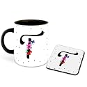 Letter T Name Initial Alphabet Inspiration Printed Black Inner Ceramic Coffee Mug with Coaster- Birthday | Anniversary | Best Gift | Hobby (Multi 20)