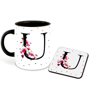 letter u name initial alphabet inspiration printed black inner ceramic coffee mug with coaster- birthday  anniversary  best gift  hobby multi 21