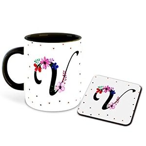 letter v name initial alphabet inspiration printed black inner ceramic coffee mug with coaster- birthday  anniversary  best gift  hobby multi 22