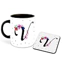 Letter V Name Initial Alphabet Inspiration Printed Black Inner Ceramic Coffee Mug with Coaster- Birthday | Anniversary | Best Gift | Hobby (Multi 22)