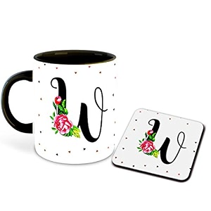 letter w name initial alphabet inspiration printed black inner ceramic coffee mug with coaster- birthday  anniversary  best gift  hobby multi 23
