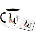 Letter W Name Initial Alphabet Inspiration Printed Black Inner Ceramic Coffee Mug with Coaster- Birthday | Anniversary | Best Gift | Hobby (Multi 23)