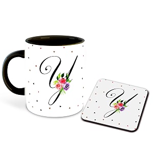 letter y name initial alphabet inspiration printed black inner ceramic coffee mug with coaster- birthday  anniversary  best gift  hobby multi 25
