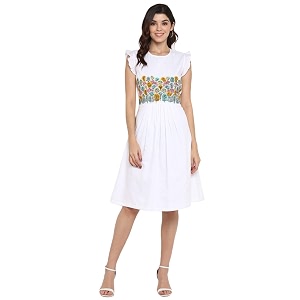 DEEBACO White Front Embroidered Ruffle Dress Front