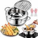 Deep Fryer Pot, Stainless Steel Tempura Frying Pot with Thermometer (9.4")