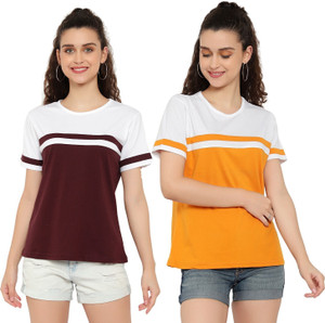 deepmayra collection pack of 2 women colorblock round neck cotton blend multicolor t-shirt