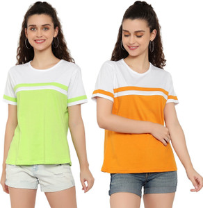 deepmayra collection pack of 2 women colorblock round neck cotton blend multicolor t-shirt