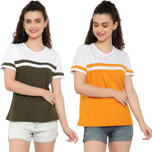deepmayra collection pack of 2 women colorblock round neck cotton blend multicolor t-shirt
