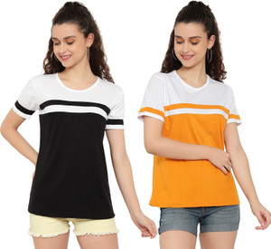 deepmayra collection pack of 2 women colorblock round neck cotton blend multicolor t-shirt