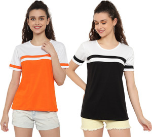 deepmayra collection pack of 2 women colorblock round neck cotton blend multicolor t-shirt