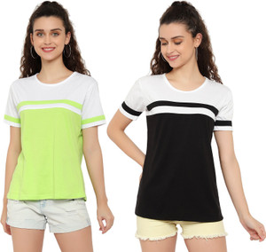 deepmayra collection pack of 2 women colorblock round neck cotton blend multicolor t-shirt