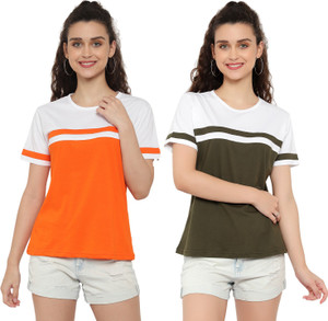 deepmayra collection pack of 2 women colorblock round neck cotton blend multicolor t-shirt