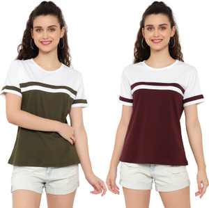 deepmayra collection pack of 2 women colorblock round neck cotton blend multicolor t-shirt