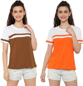 deepmayra collection pack of 2 women colorblock round neck cotton blend multicolor t-shirt