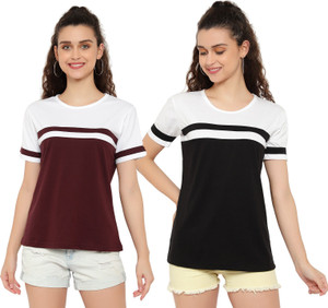 deepmayra collection pack of 2 women colorblock round neck cotton blend multicolor t-shirt