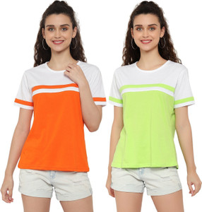 deepmayra collection pack of 2 women colorblock round neck cotton blend multicolor t-shirt