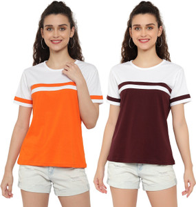 deepmayra collection pack of 2 women colorblock round neck cotton blend multicolor t-shirt