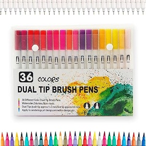 definite art dual tip calligraphy brush pens for calligraphy painting drawing sketching lettering and coloring with flexible felt tip 1-2 mm and fine tip 04 mm 36 color pens