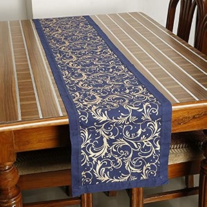 dekor world cotton gold printed blue table runner 33x180cm pack of 1-6 seater dining amp center table