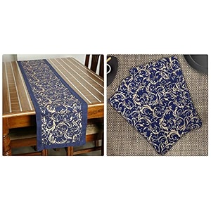 dekor world cotton gold printed white table runner 33x120cm pack of 1 piece-4 seater dinning amp center table 8 seater 33x240cm- pack of 9 piece blue