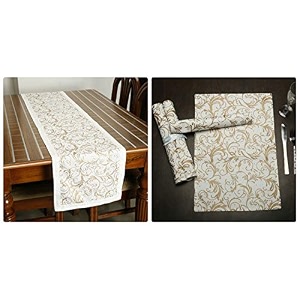 dekor world cotton gold printed white table runner 33x120cm pack of 1 piece-4 seater dinning amp center table 8 seater 33x240cm- pack of 9 piece white