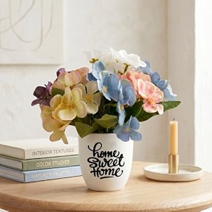 dekorly artificial multicolor hydrangea flower with asthetic stickered white vase 22cm  lifelike faux floral arrangement for home office amp table decor hydrangea flower
