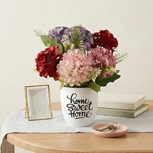 dekorly premium artificial dahlia flower floral arrangement with white vase amp aesthetic sticker  stylish home amp office accent 28cm 1 dahlia