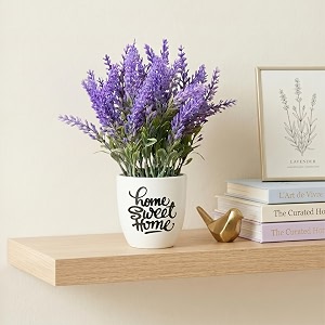 dekorly premium artificial lavender flower floral arrangement with white vase amp aesthetic sticker  stylish home amp office accent 28cm 1 lavender flower