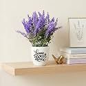 Dekorly Premium Artificial Lavender Flower Floral Arrangement with White Vase &amp; Aesthetic Sticker | Stylish Home &amp; Office Accent (28CM) (1, Lavender Flower)