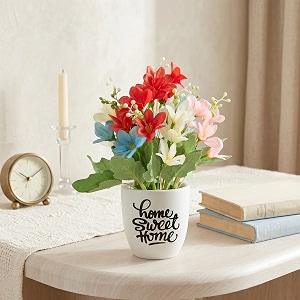 dekorly premium artificial mini lily floral arrangement with white vase amp aesthetic sticker  stylish home amp office accent 28cm 1 mini lily
