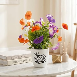 dekorly premium artificial morning glory floral arrangement with white vase amp aesthetic sticker  stylish home amp office accent 28cm 1 morning glory flower