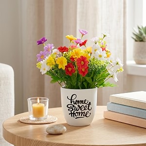 dekorly premium artificial multi colour daisy floral arrangement with white vase amp aesthetic sticker  stylish home amp office accent 28cm 1 daisy multi colour