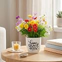 Dekorly Premium Artificial Multi Colour Daisy Floral Arrangement with White Vase &amp; Aesthetic Sticker | Stylish Home &amp; Office Accent (28CM) (1, Daisy Multi Colour)
