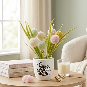 dekorly premium artificial multi colour pingpong flower floral arrangement with white vase amp aesthetic sticker  stylish home amp office accent 28cm 1 pingpong flower