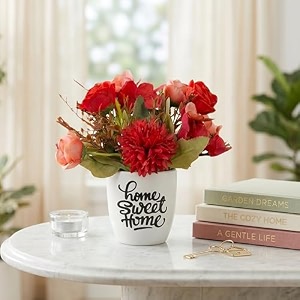 dekorly premium artificial red chrya floral arrangement with white vase amp aesthetic sticker  stylish home amp office accent 28cm 1 chrya red bunch