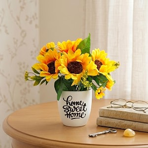 dekorly premium artificial sunflower floral arrangement with white vase amp aesthetic sticker  stylish home amp office accent 28cm 1 sunflower