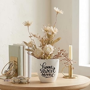 dekorly premium artificial white roses floral arrangement with white vase amp aesthetic sticker  stylish home amp office accent 28cm 1 dry rose