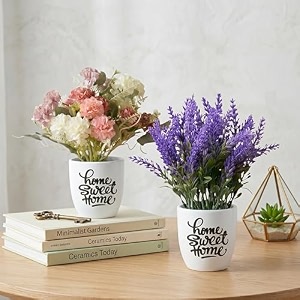 dekorly premium combo of artificial chrysanthemum and lavender floral arrangement with white vase amp aesthetic sticker  stylish home amp office accent 28cm