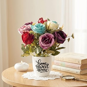 dekorly premium multi colour rose floral arrangement with white vase amp aesthetic sticker  stylish home amp office accent 28cm 1 big rose