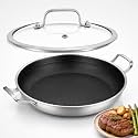 DELARLO 10 Inch Tri-Ply Stainless Steel Paella Pan with Lid, Nonstick Hybrid Frying Pan for Induction, Stainless Steel Frying Pan for Seafood, Rice, Indoor & Outdoor Cooking, Serves 4-6 People
