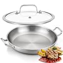 DELARLO 10 Inch Tri-Ply Stainless Steel Paella Pan with Lid, Large Induction Skillet & Jumbo Frying Pan, Heavy Duty Cookware for Paella Parties, Indoor & Outdoor Use