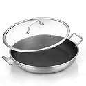 DELARLO 13 Inch Tri-Ply Stainless Steel Paella Pan with Lid Nonstick Frying Pan, Hybird Induction Large Skillets,Great for Paella Parties Indoors Outdoors,Heavy Duty Style